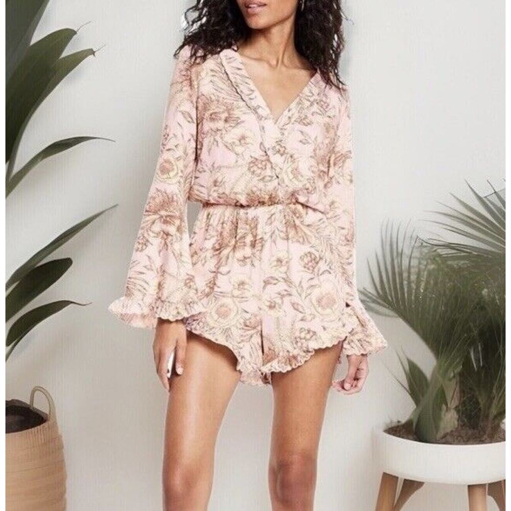 Agua Bendita Target Romper Women Xl Floral L/s Flare Pink Brown Shorts Beach